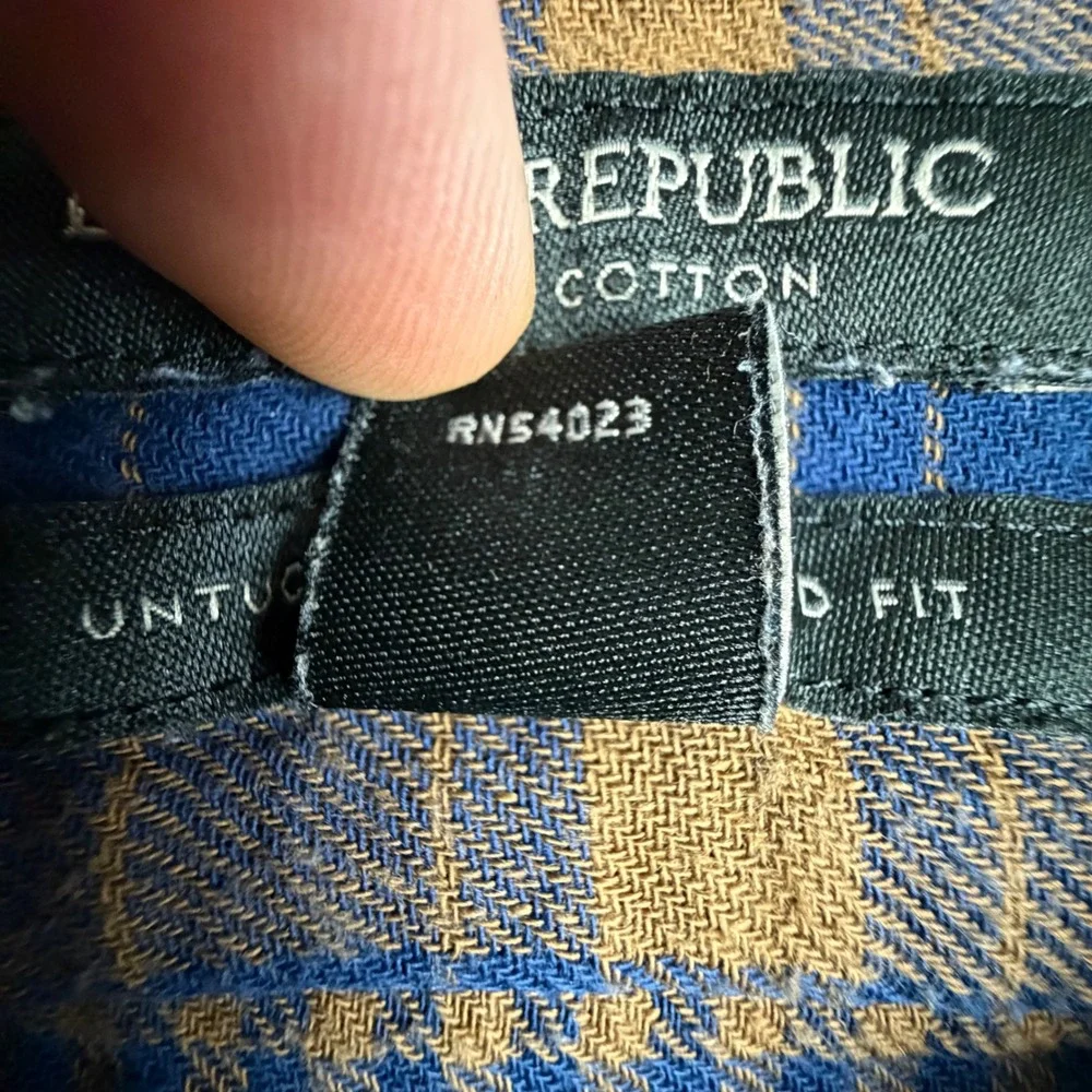 Banana Republic Mens XL Blue Brown Plaid Organic Cotton Untucked Standard Fit
